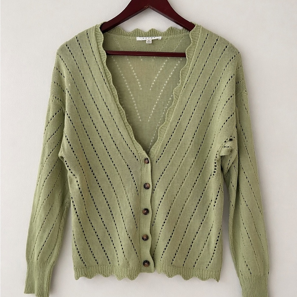Cyrus Sage Green Knit Cardigan Size S Lightweight Scallop Trim Classic Fit
